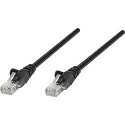 Black Intellinet Cat6 network patch cable, 1 meter long, featuring copper S/FTP construction and LSOH material, with clear RJ45 connectors on both ends.