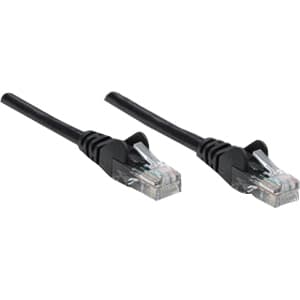 Black Intellinet Cat6 network patch cable, 2m long, featuring CCA material, U/UTP design, PVC insulation, snagless booted ends, and gold-plated RJ45 contacts.