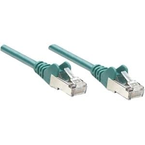 Green 5m Cat6 network patch cable with CCA, U/UTP PVC material, featuring gold-plated RJ45 connectors and snagless booted design, packaged in a polybag.
