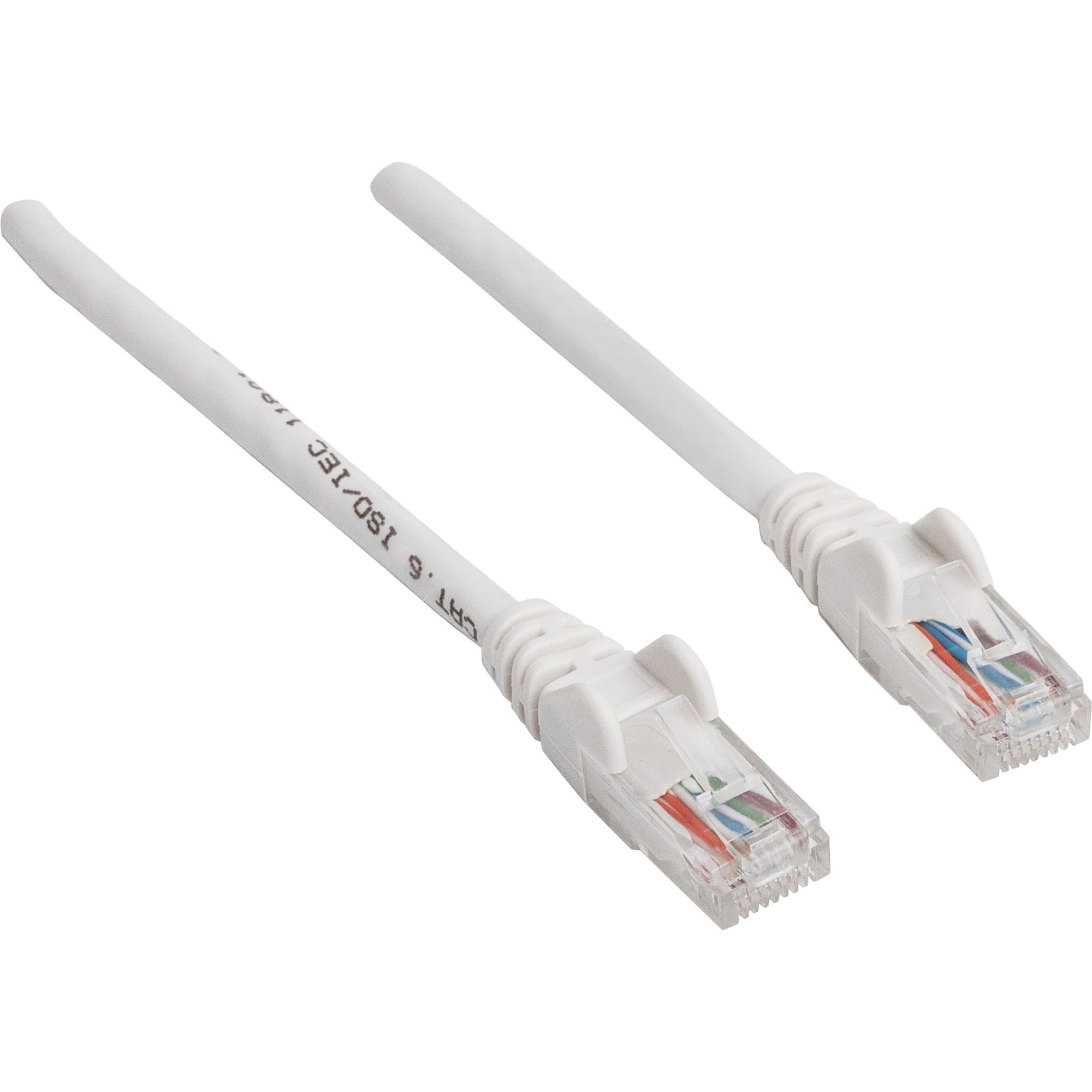 14 ft grey Cat6 snagless patch cable with white connectors, featuring a flexible design and clear plastic ends for easy connectivity.