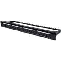 Black Intellinet 1U 24-port blank patch panel with rectangular slots and mounting brackets.