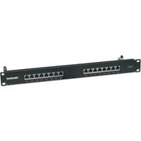 Black Intellinet 16-port Cat6 FTP patch panel, 1U rack mount, shielded, with 90° top-entry ports and labeled connections.