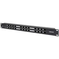 Black Intellinet PoE patch panel with 24 ports, 12 RJ45 data ports, and labeled front panel.