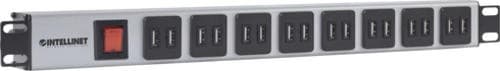 Intellinet POWER STRIP 19" features a sleek silver metal housing with 16 black AC outlets and a red power switch for easy access and control.