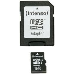 Black Intenso 16GB MicroSDHC card with UHS-I Class 10 rating, accompanied by a matching black adapter, both featuring white text and icons for easy identification.