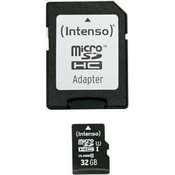 32GB Intenso MicroSDHC card in black with white text, featuring a UHS-I Class 10 rating, accompanied by a black adapter for standard SD slots.