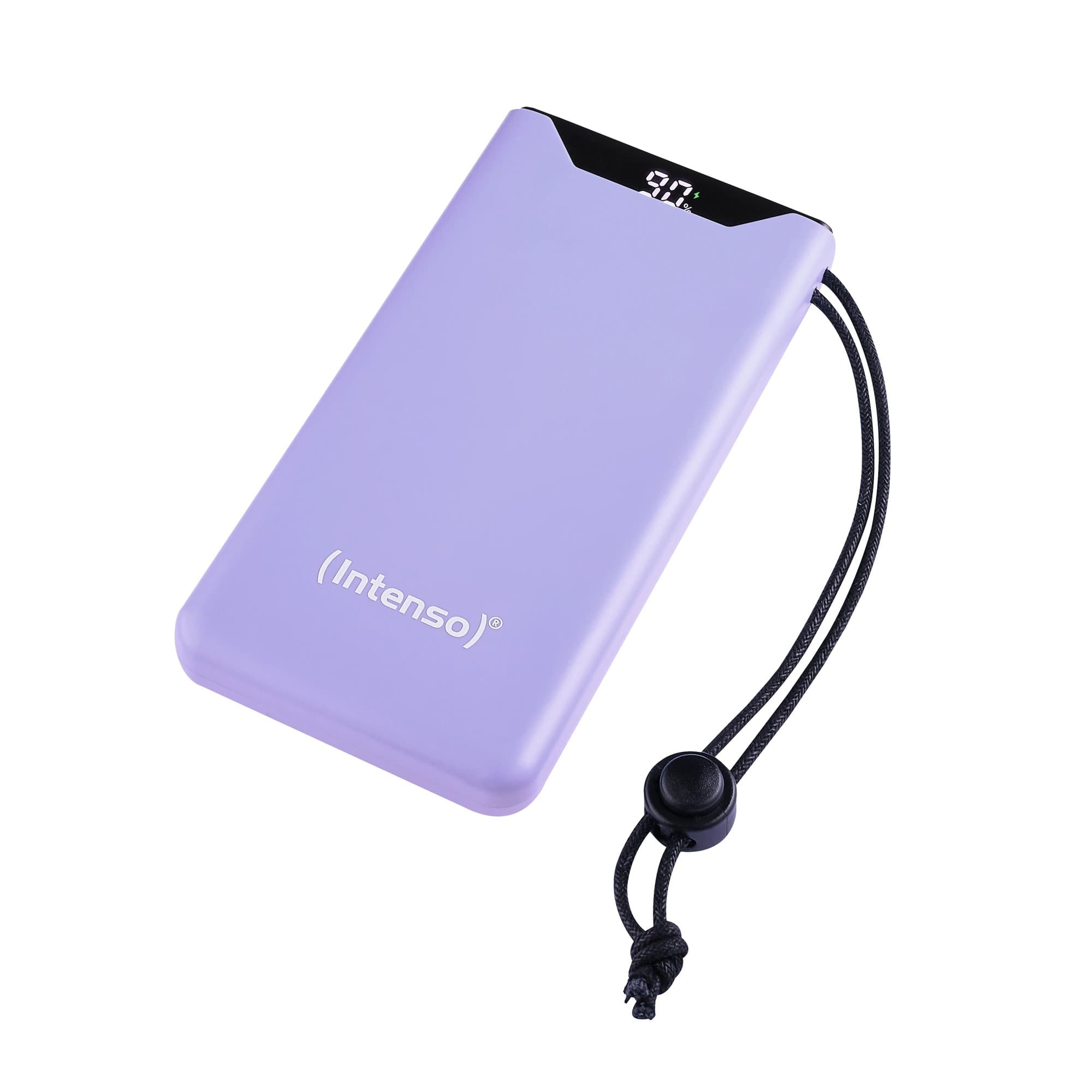 Purple Intenso 7332033 power bank with a sleek design, 10000 mAh capacity, and a black top featuring an LED power indicator and a wrist strap for easy carrying.