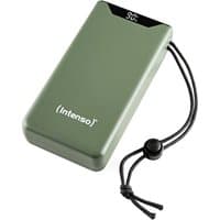Green Intenso power bank, 20000 mAh, rectangular with rounded edges, black top, and attached black lanyard.