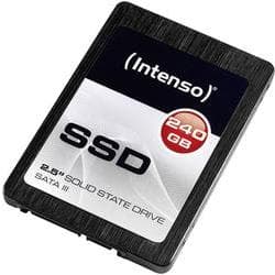 Intenso High Performance 2.5" SSD in black with a sleek design, featuring a prominent red "240 GB" label and "SATA III" text on a silver background.