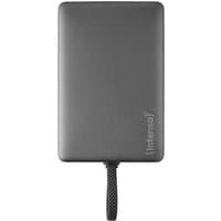 Black Intenso Powerbank MC10000 with integrated USB-C cable and magnetic back, sleek rectangular design.