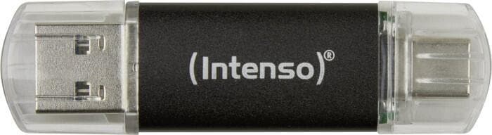 Black USB flash drive with a transparent cap, featuring dual connectors: USB Type-A and USB Type-C, labeled with "Intenso" and a storage capacity of 128 GB.