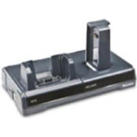 Gray Intermec DX1A02B20 barcode reader dock with dual slots and LED indicators on a rectangular base.