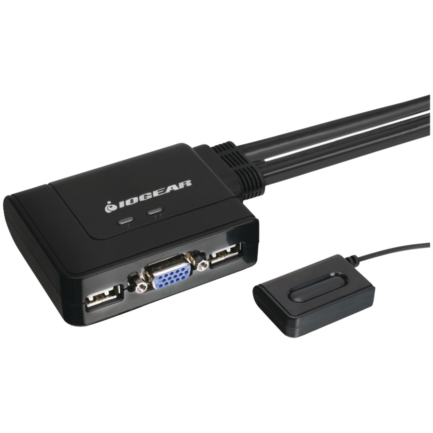 Black IOGEAR GCS22u 2-Port USB KVM switch featuring two USB ports, a HD-15 monitor port, and a compact design with an external remote switch for easy access.