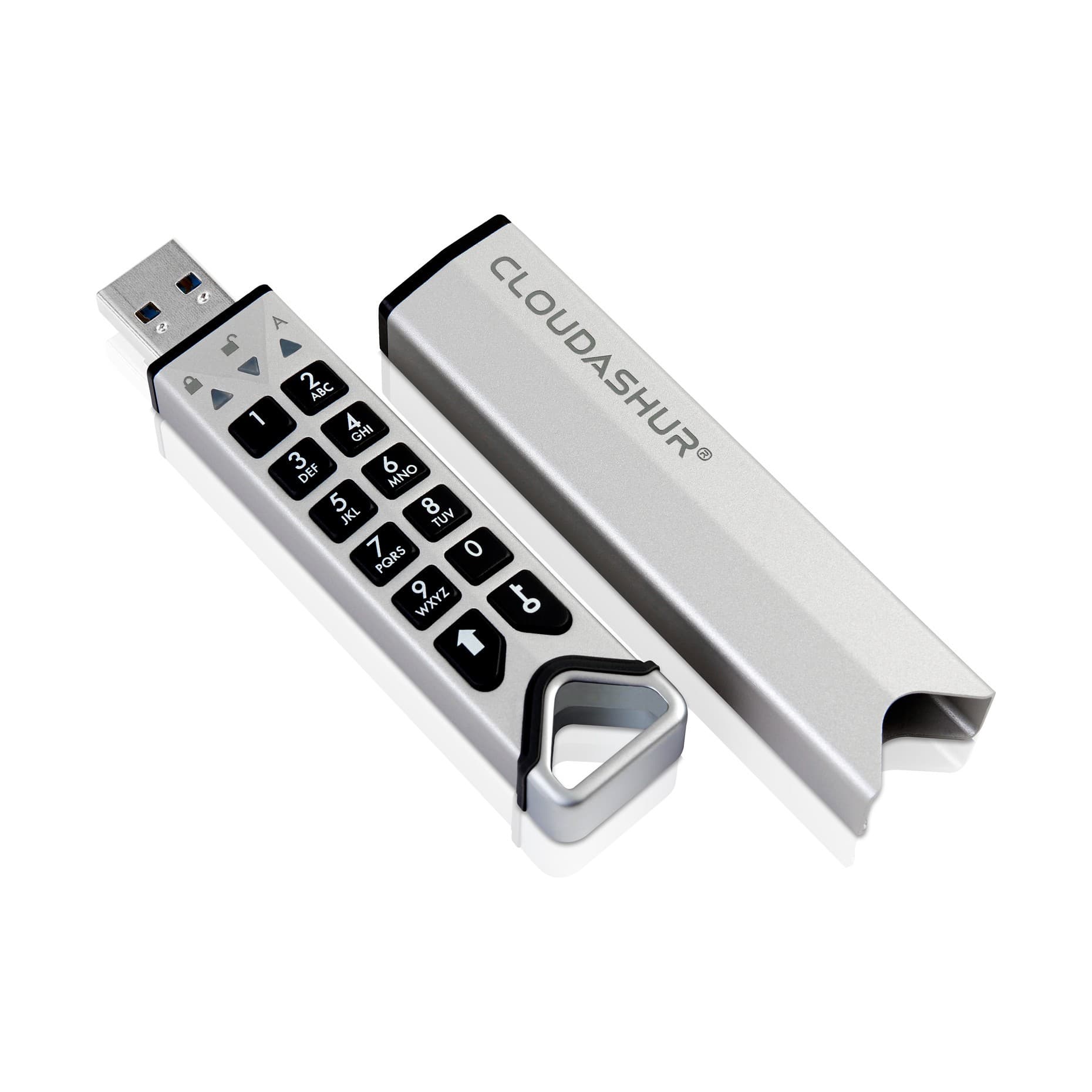 Silver hardware security module with a USB connector and a numeric keypad, featuring a protective cover and a sleek, modern design for data encryption.