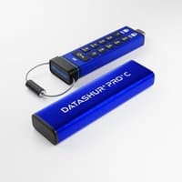 Blue iStorage datAshur PRO+C USB drive with keypad, Type-C connector, and Type C-A adapter, 128GB capacity.