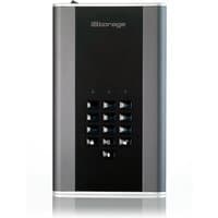 Black and silver iStorage diskAshur DT² HDD with numeric keypad and sleek rectangular design.