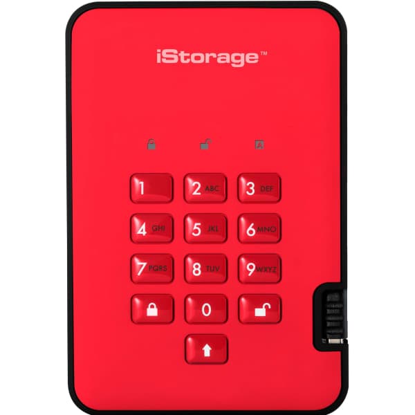 Red iStorage DiskAshur² HDD with a textured surface, featuring a numeric keypad for secure access, and a sleek black border, designed for portability and data protection.