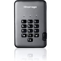 Gray iStorage diskAshur PRO² SSD with numeric keypad, black trim, and lock icons on buttons.