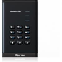 Black iStorage diskAshur PRO³ SSD with numeric keypad and status lights, compact and rectangular design.