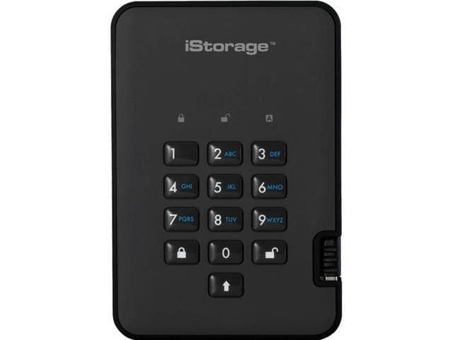 Black iStorage DiskAshur² SSD with a sleek design, featuring a numeric keypad for security, and a compact, portable form factor, offering 16TB of storage capacity.