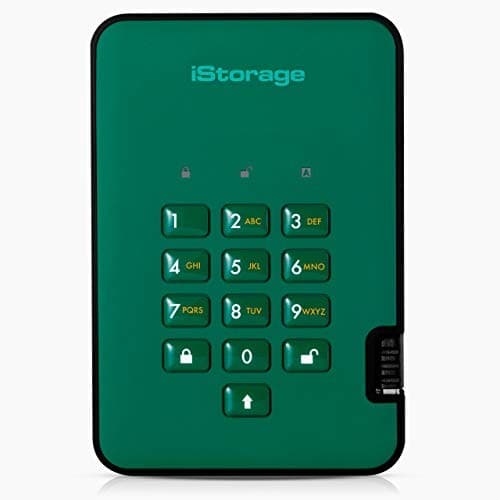 Green iStorage DiskAshur² SSD with a secure keypad featuring numbers and letters, encased in a sleek black border, designed for portability and data protection.