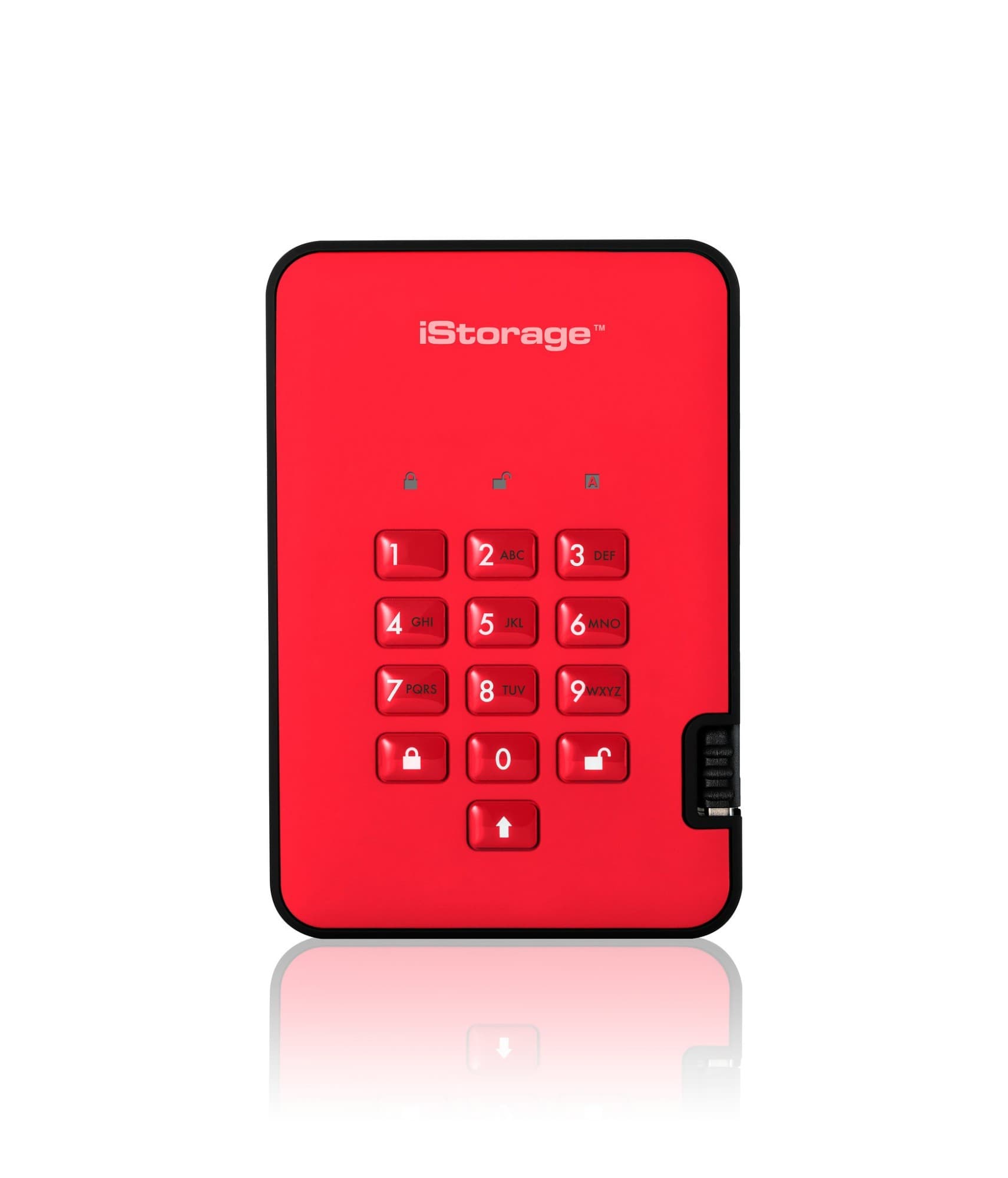 Red iStorage DiskAshur² SSD 16TB portable solid state drive featuring a numeric keypad for secure access and a sleek, durable design.