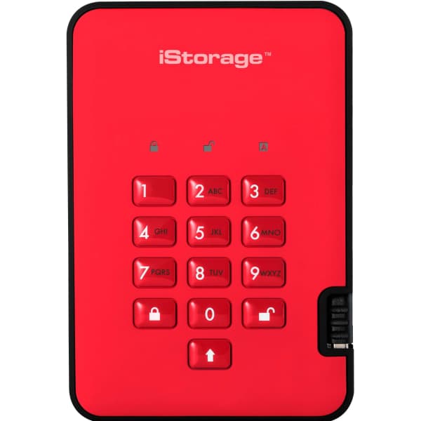 Red iStorage DiskAshur² SSD, 8TB portable solid-state drive featuring a numeric keypad for secure access, with a sleek black border and durable casing.