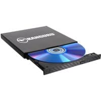Black iStorage Kanguru QS Slim DVDRW DVD Burner with open tray, showing a blue disc inside, compact and sleek design.