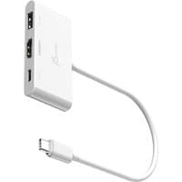 Black j5create USB-C to HDMI adapter with USB 3.2 port, 100W power delivery, and sleek rectangular design.