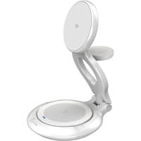 White j5create Qi2 3-in-1 magnetic foldable wireless charging station with circular charging pads and adjustable stand.
