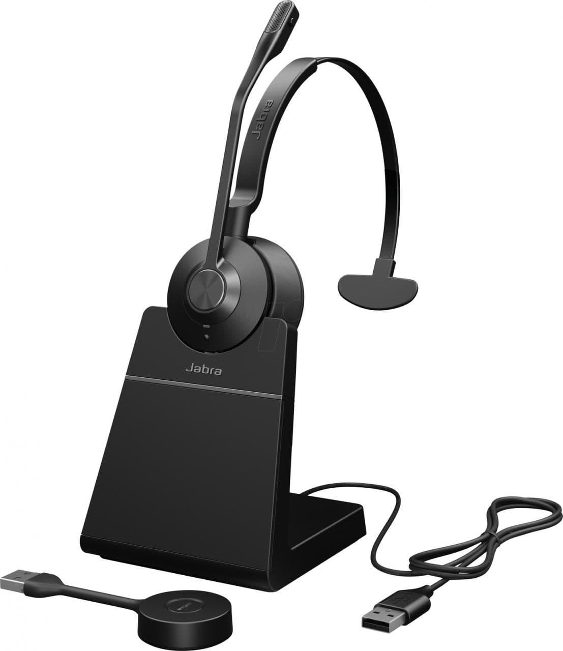 Jabra Engage 55 USB-a UC mono headset in black, featuring a sleek design with an adjustable headband, a microphone boom, and a charging stand with a USB cable.