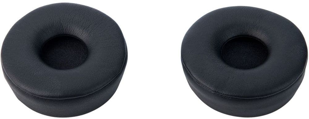 Black Jabra Engage ear pads made from soft leather-like material, featuring a circular design with a central opening for comfortable fit and enhanced sound isolation.