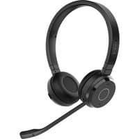 Black Jabra Evolve 65 TE headset with padded ear cups, adjustable headband, and flexible boom microphone.