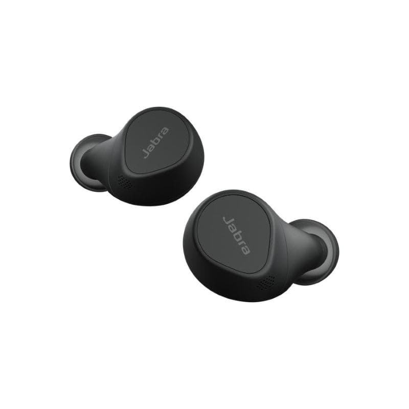 Black Jabra Evolve2 replacement earbuds featuring a sleek design, smooth matte finish, and the Jabra logo prominently displayed on each bud.