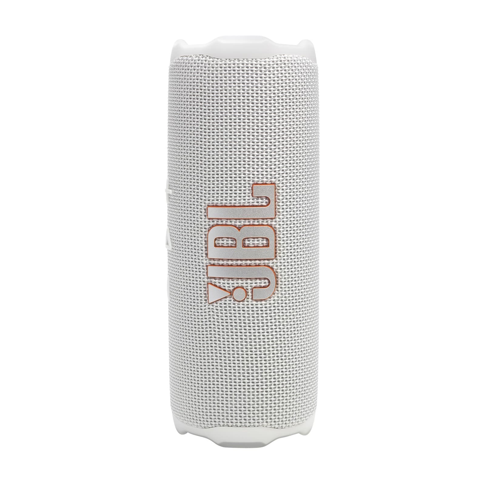 White JBL Flip 7 portable speaker featuring a textured fabric exterior, rounded edges, and a prominent orange JBL logo on the front.