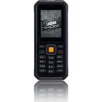 Black JCB rugged phone with 2.4" screen, orange center button, and textured keypad.