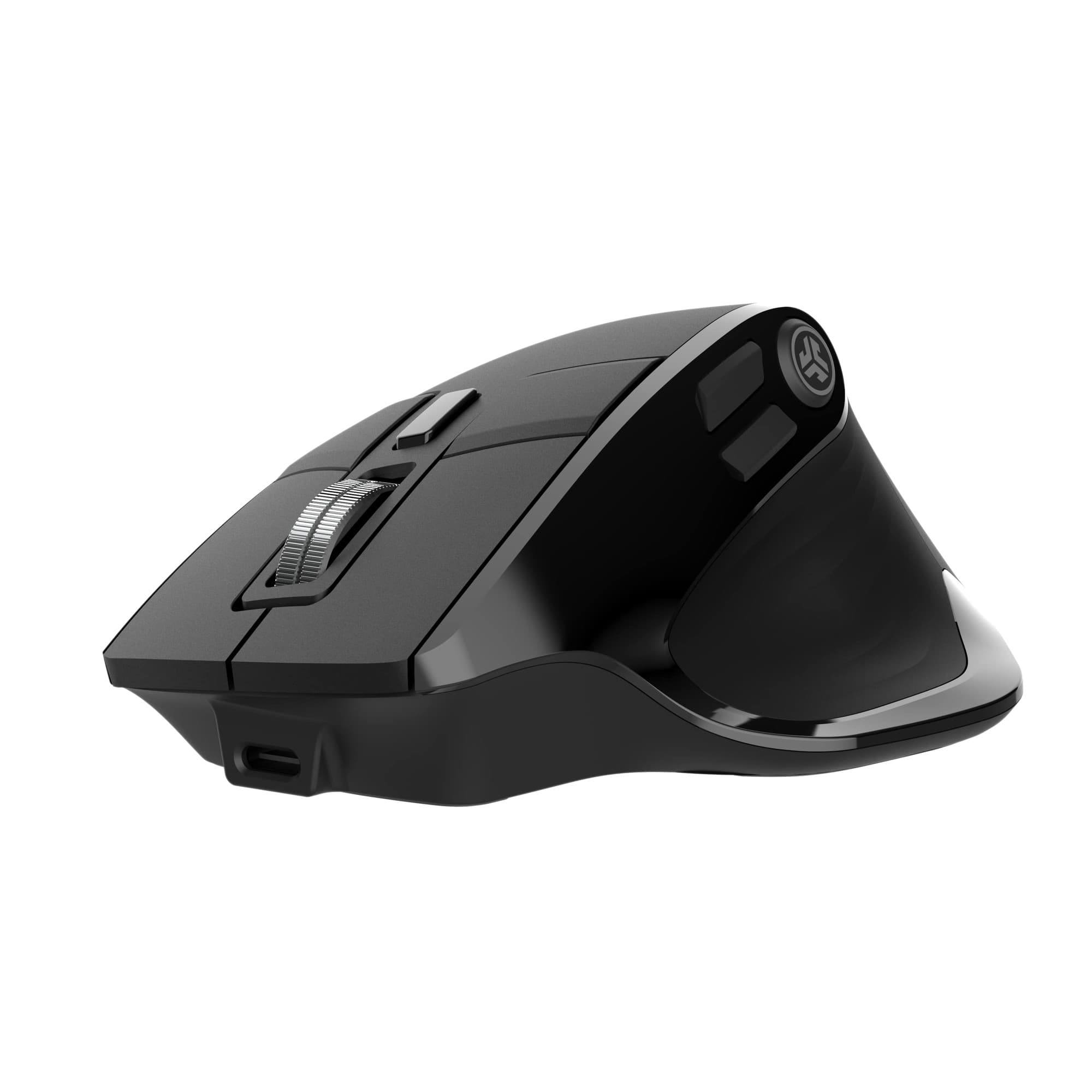 Black JLab Audio EPIC Wireless Mouse featuring a sleek ergonomic design, textured grip, side buttons, and a scroll wheel, with a USB-C charging port on the underside.