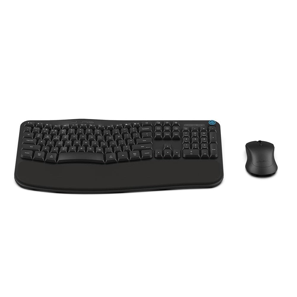 Black ergonomic keyboard with a curved design and soft-touch keys, paired with a matching black ergonomic mouse, both featuring a sleek, modern aesthetic.