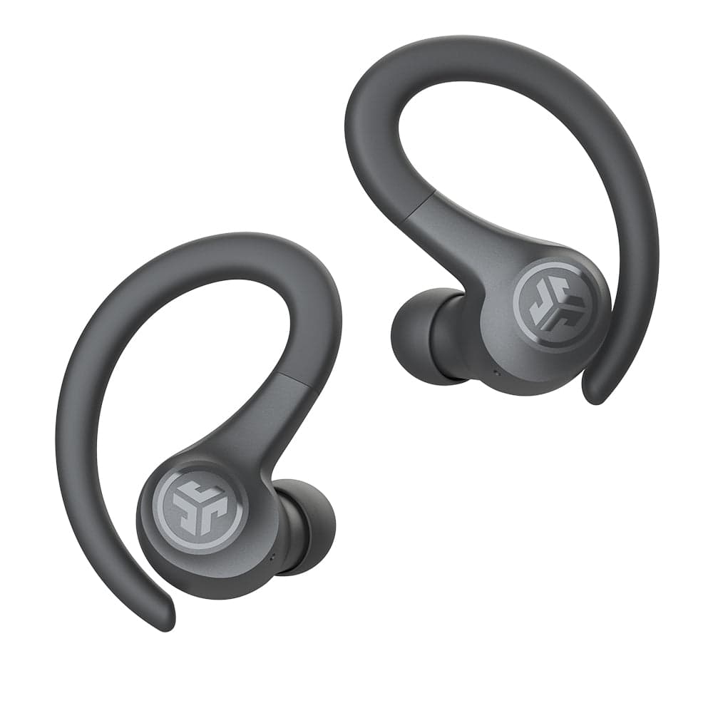Neon yellow JLab Go Air Sport true wireless earbuds with a secure ear hook design, featuring Bluetooth connectivity and a sleek, lightweight build for active use.