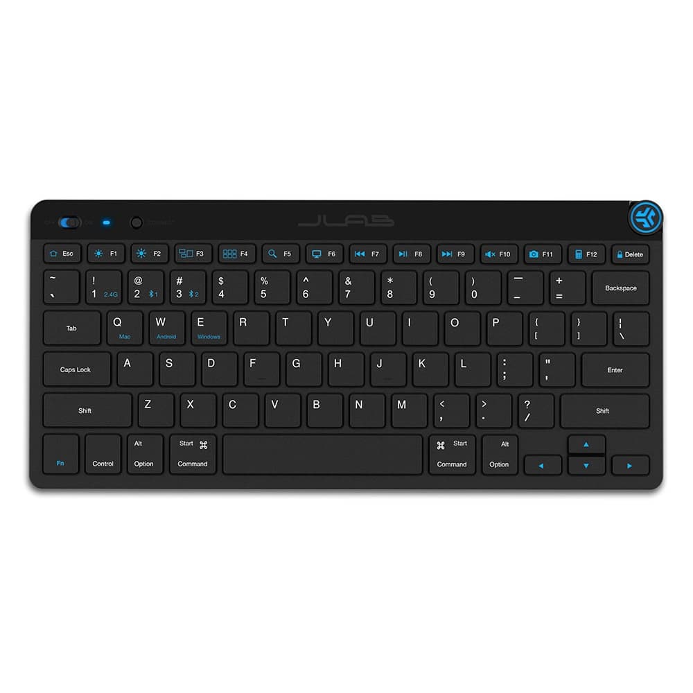 Black QWERTY Bluetooth keyboard featuring a sleek design, compact layout, and blue accent keys, ideal for universal compatibility with devices.