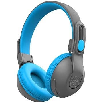 Gray and blue JLab JBuddies Studio 2 headphones with a padded headband and ear cushions, featuring a wireless and wired option for kids.