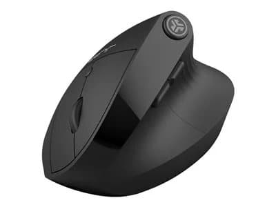 Ergonomic black wireless mouse with a smooth finish, featuring a scroll wheel, side buttons, and a contoured design for comfort.