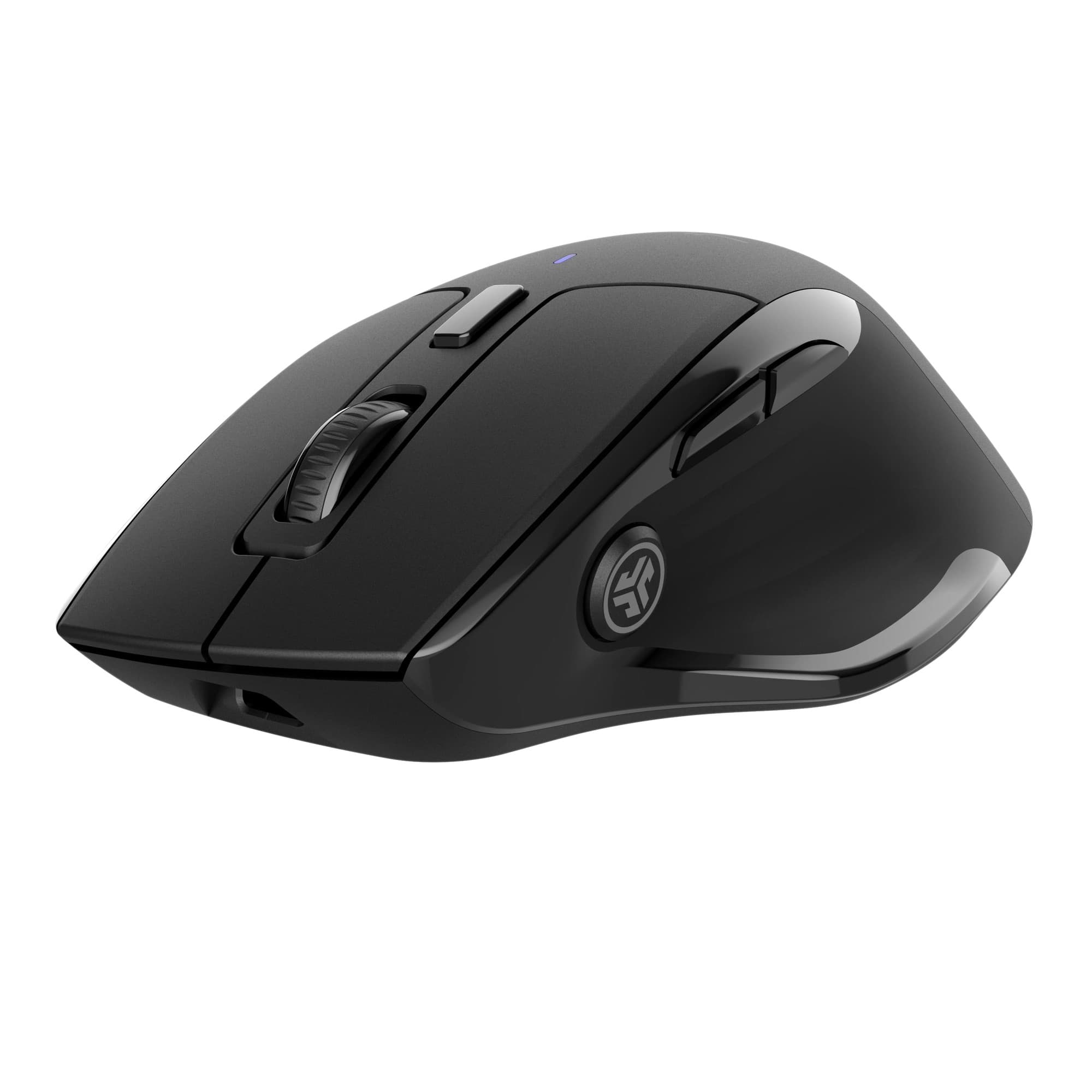 Wireless black mouse with a sleek design, featuring a scroll wheel, side buttons, and a logo on the side, made from glossy plastic for a modern look.
