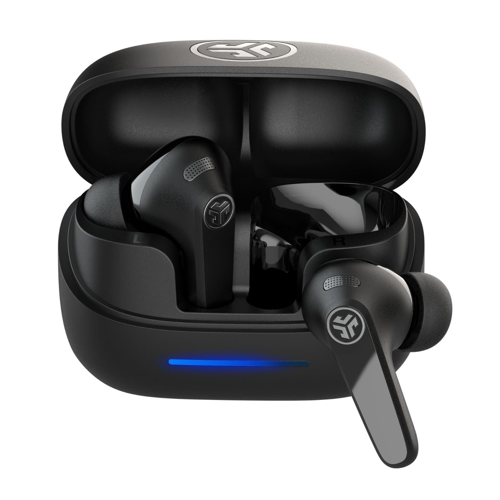 Black JLab JBuds Pods ANC True Wireless Earbuds in a charging case, featuring a sleek design, glossy accents, and an LED indicator light.