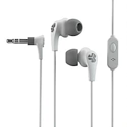 White wired in-ear headphones with gray silicone tips, featuring a 3.5mm audio jack and an in-line microphone for calls and music control.