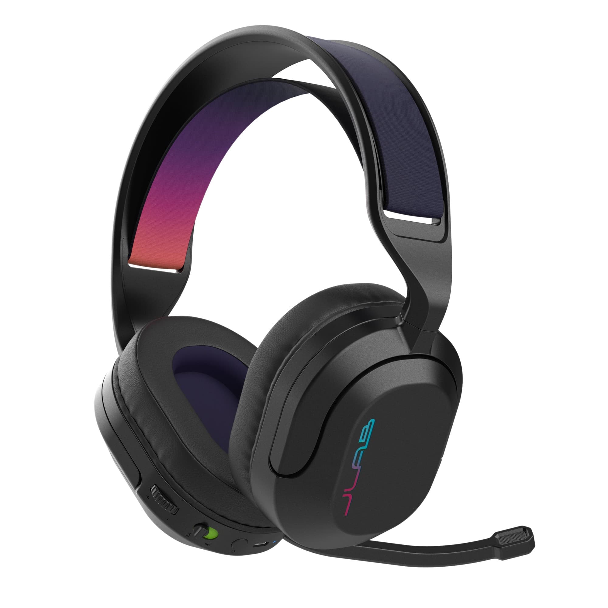 Black wireless gaming headset with cushioned ear cups, adjustable headband, and a retractable microphone, featuring a vibrant gradient on the headband.