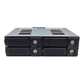 Black metal 4-in-1 SATA/SAS Wechselrahmen with four drive bays, featuring ventilation holes and locking mechanisms on the front panel.