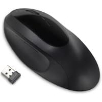 Black ergonomic wireless mouse with contoured shape and USB receiver, designed for comfortable hand positioning.