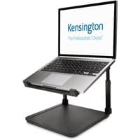 Black Kensington SmartFit Laptop Riser with adjustable height and sturdy base, holding an open laptop.