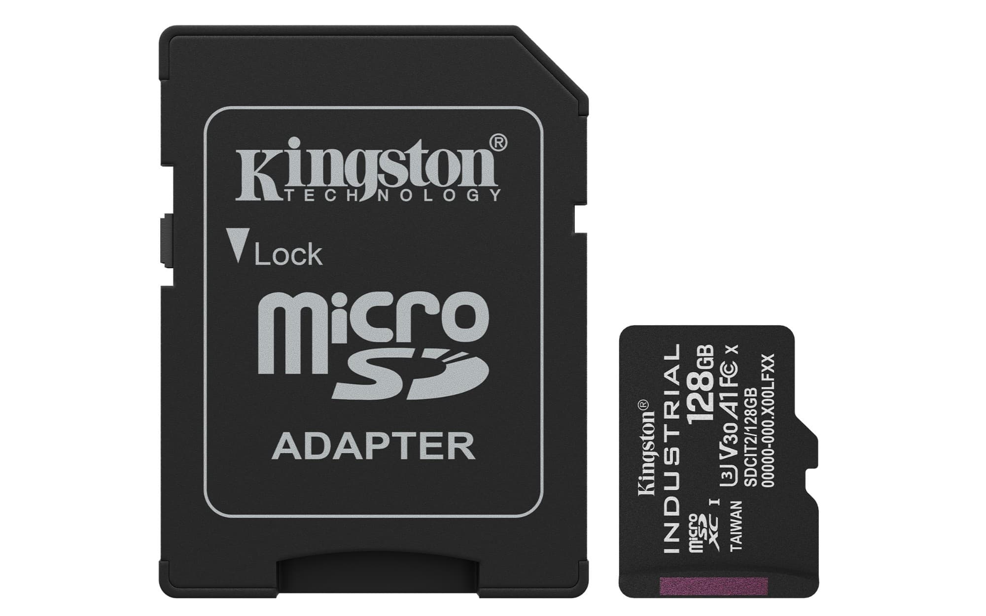 Black Kingston Technology MicroSDXC card with 128GB capacity, labeled C10 A1 PSLC, alongside a black MicroSD adapter, featuring a lock switch and industrial design.